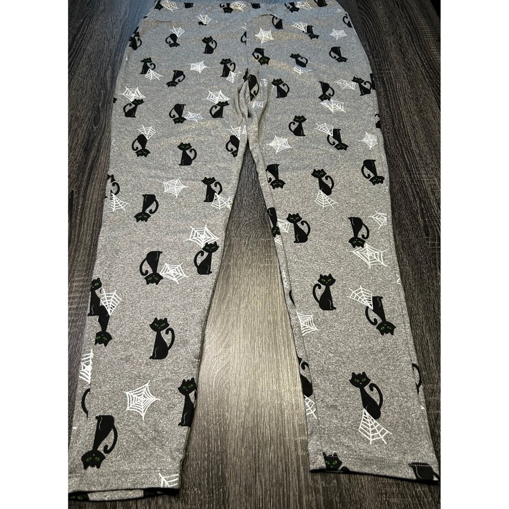 Feeling Festive Halloween Gray Black Cat Spiderweb‎ Ankle Leggings Spooky XL